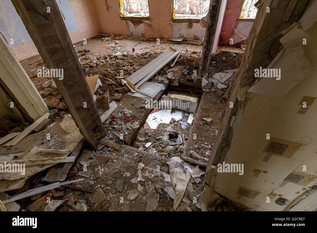 Destroyed floor of the apartment on the second storey of the house