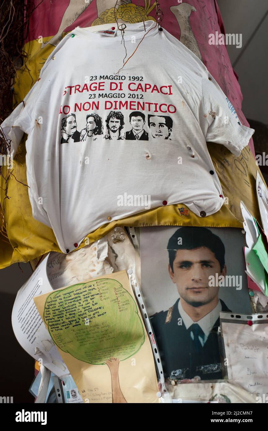 Palermo, Italy 17/07/2012: Twentieth anniversary of the massacre of '92. Commemorative totem under the house of Giovanni Falcone in Via Notarbartolo. ©Andrea Sabbadini Stock Photo