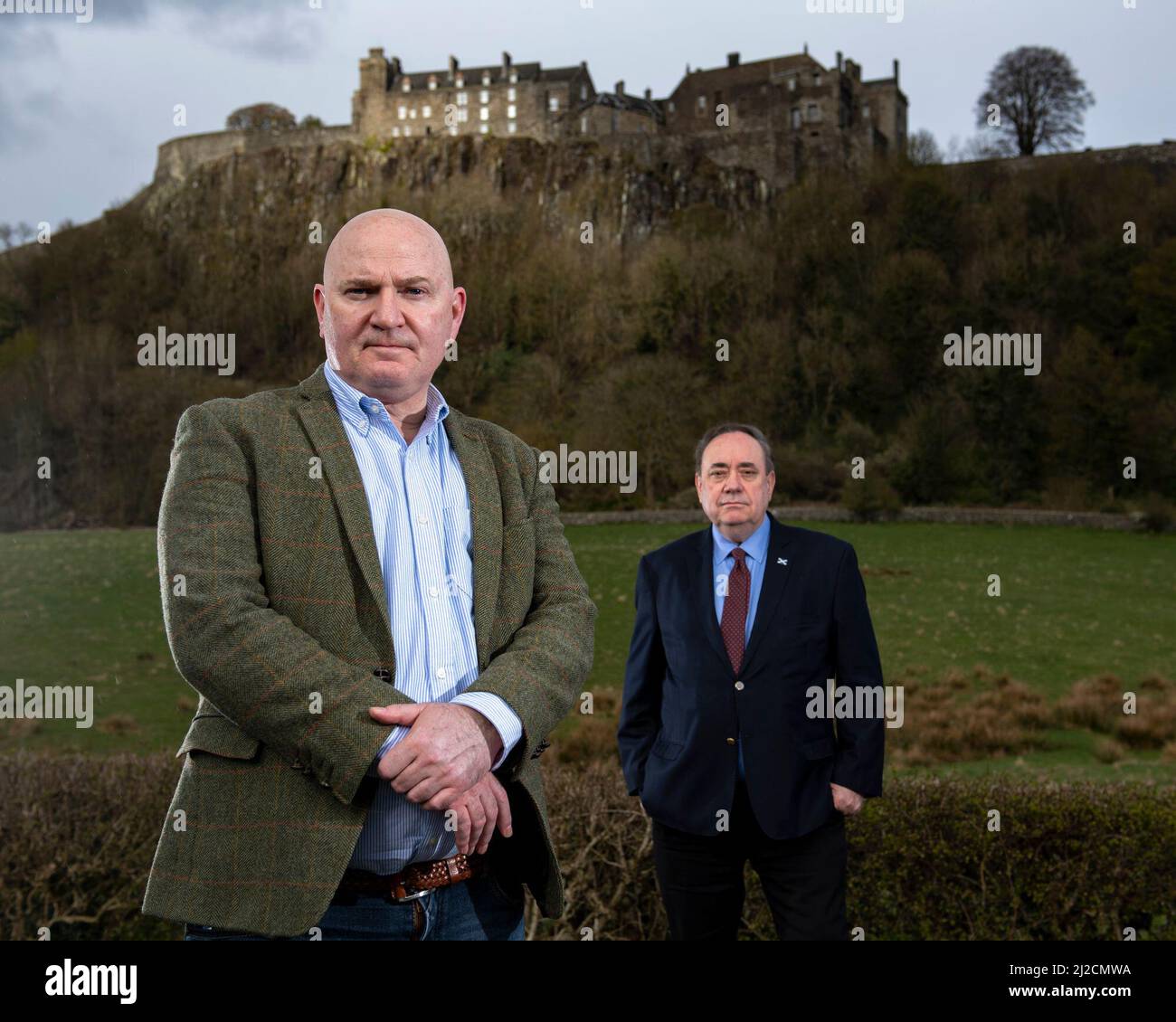 Stirling, Scotland, UK. 13 April 2021.  PICTURED: (L-R) Neale Hanvey MP; Rt Hon Alex Salmond - Alba Party Leader. Alba Party Leader, Rt Hon Alex Salmond unveils his candidates for Mid Scotland and Fife region.  Credit: Colin Fisher/Alamy Live News Stock Photo