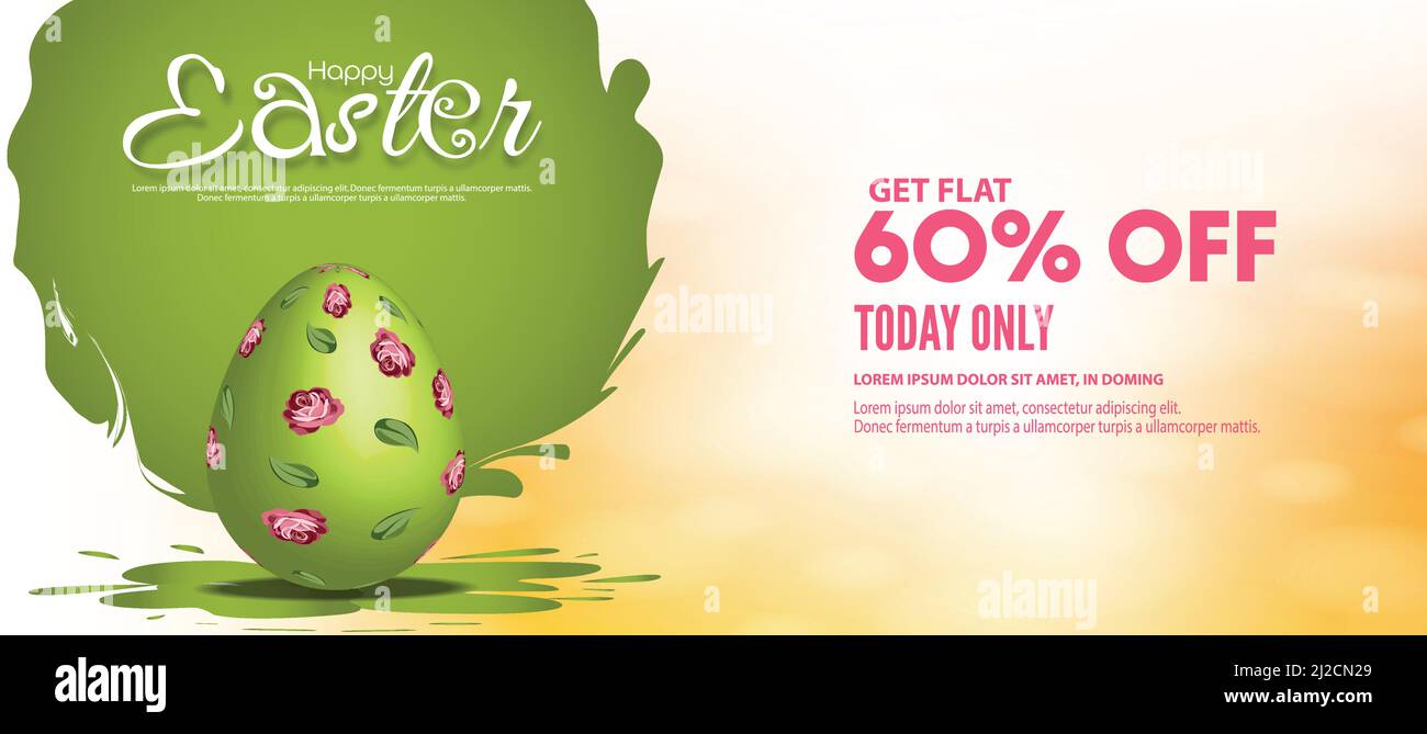 60% off Discount Easter sale poster or banner template with Colorful Painted Easter Eggs with bokeh effect background. Stock Vector