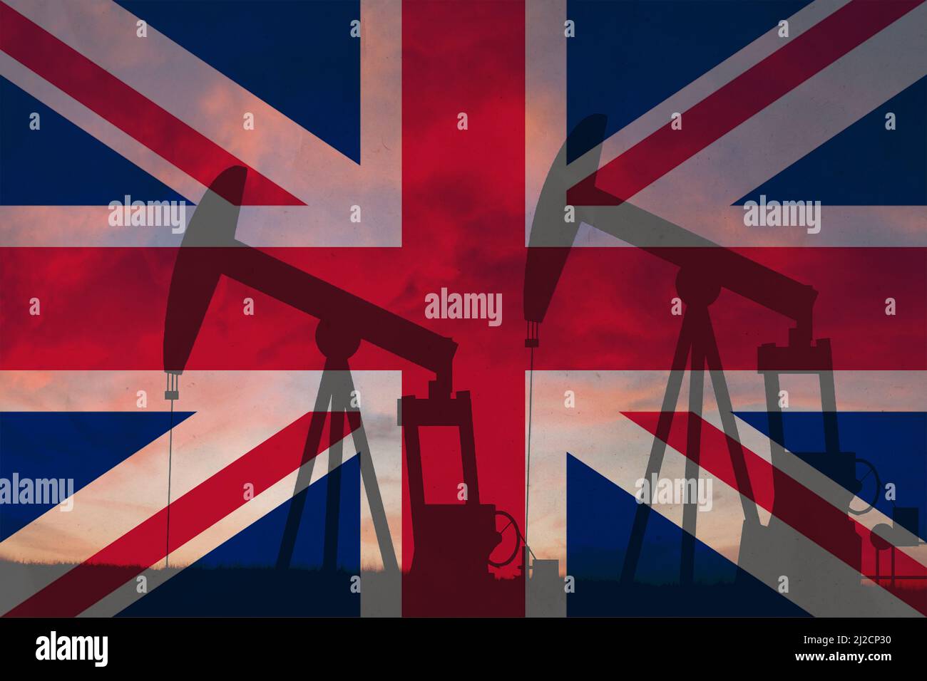 United Kingdom oil industry concept, industrial illustration. United Kingdom flag and oil wells, stock market, exchange economy and trade, oil product Stock Photo