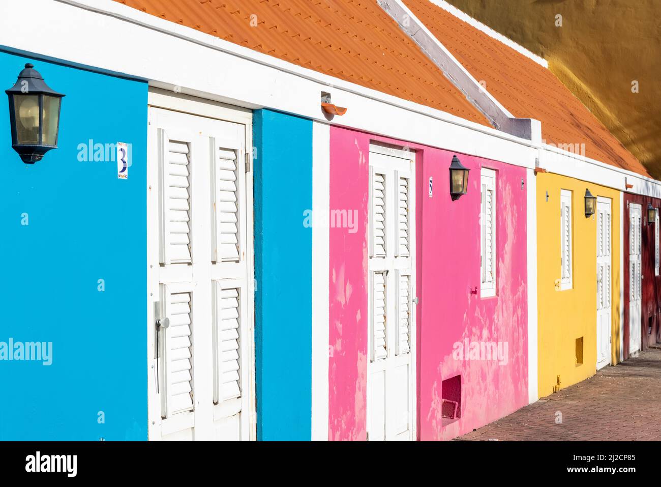 Row of colorful houses in Willemstad, Curacao Stock Photo