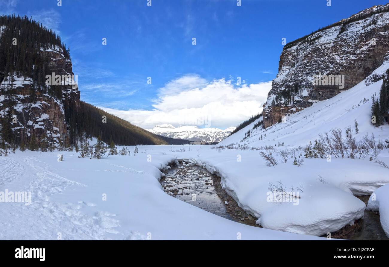 Early Springtime Panorama of Snow Covered Lake Louise. Scenic Canadian Rocky Mountains Landscape, Banff National Park Stock Photo
