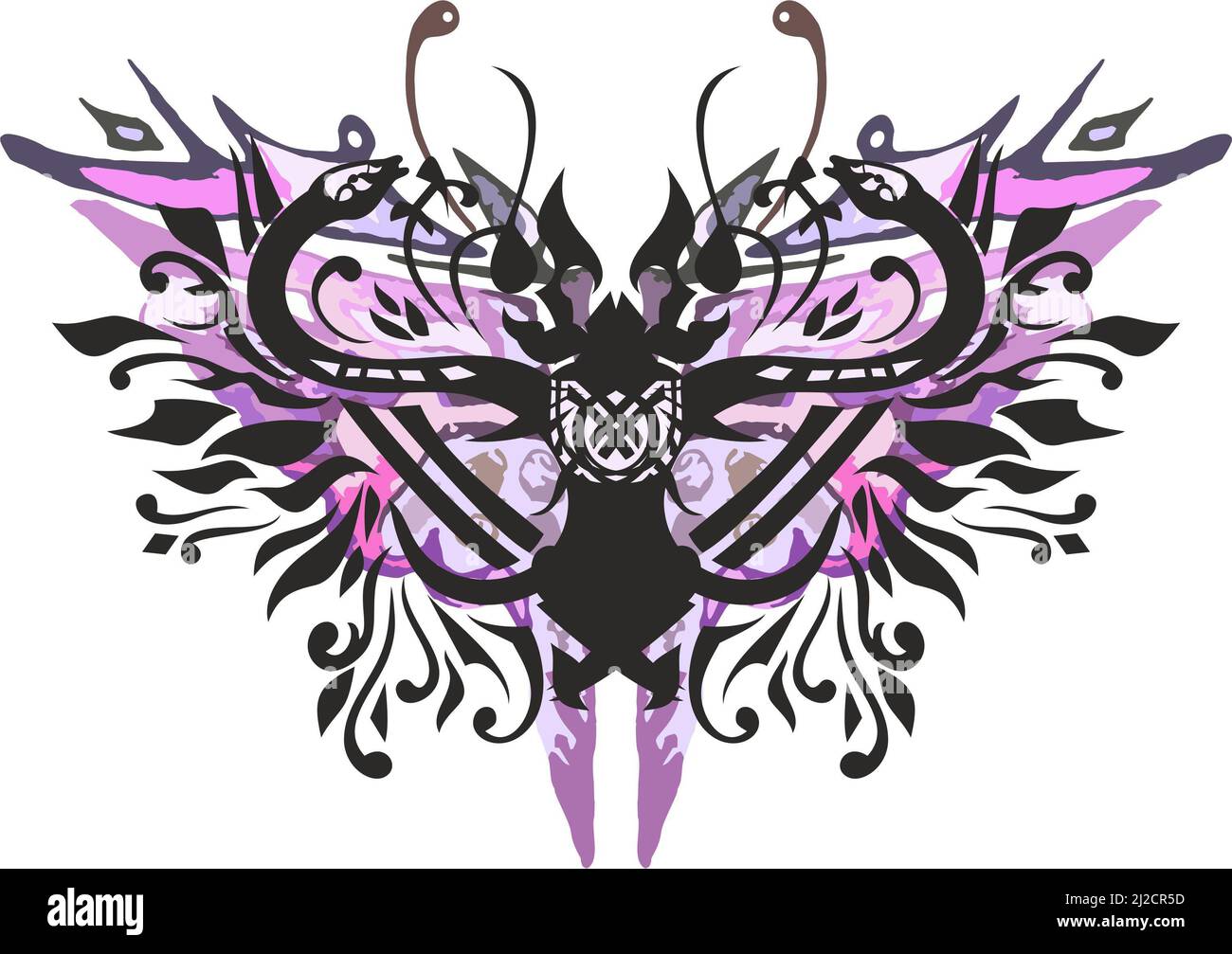 Abstract butterfly wings with snake elements on white. Purple-pink butterfly wings with floral motifs and black winding snakes for textiles, prints Stock Photo