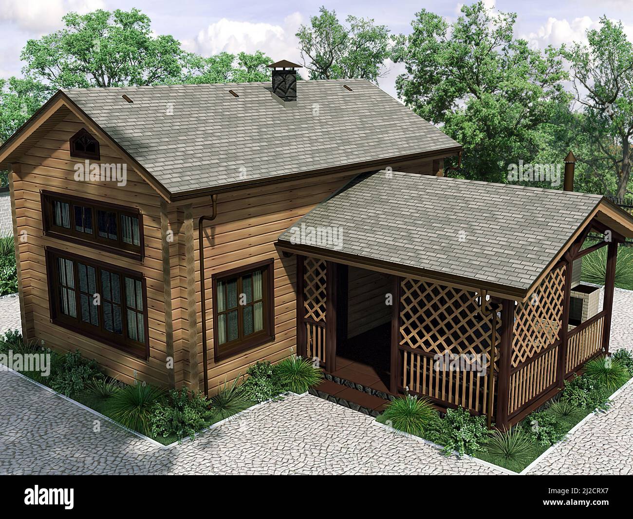3d render of an architectural project of a wooden house from a log ...