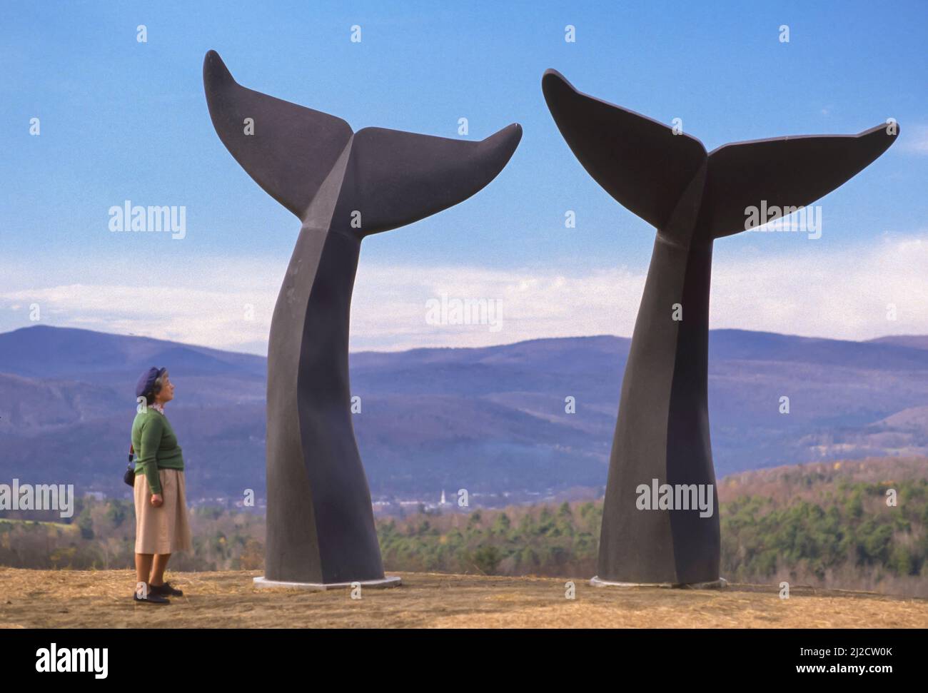 RANDOLPH, VERMONT, USA - Woman views 'Reverence,' a sculpture of two whale tails, on a mountain ridge, by artist Jim Sardonis. Stock Photo
