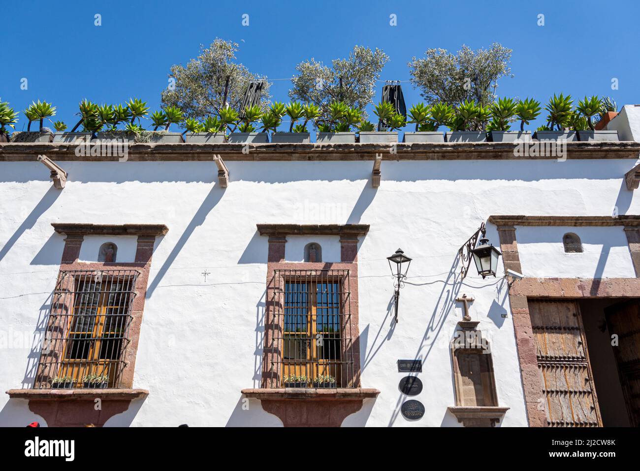The facade of a home decorated with plants and wrought iron bars. San Miguel de Allende, Guanajuato, Mexico. Stock Photo