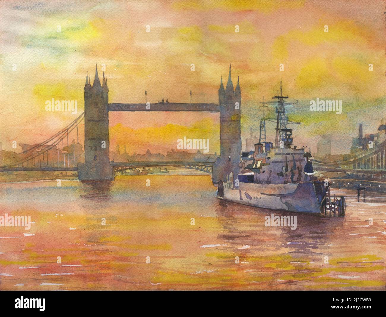 Tower Bridge  and boat on River Thames at dusk- London, England.  London skyline bridge artwork sunset Stock Photo