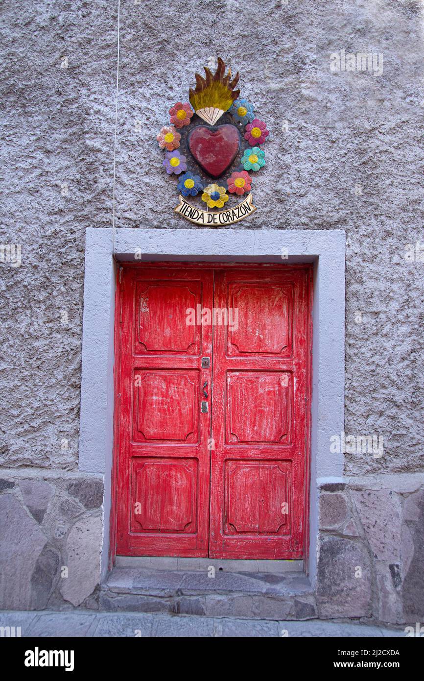 A gallery called, 'Tienda Corazon' meaning 'Heart Store, San Miguel de Allende, Guanajuato, Mexico. Stock Photo