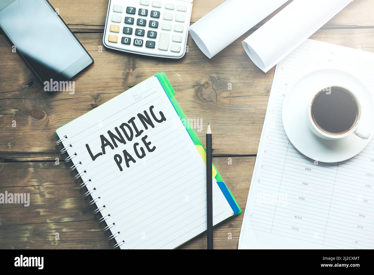Landing page written in a notebook Stock Photo