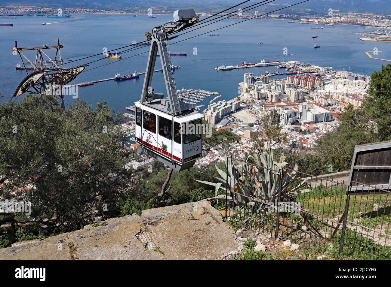 Panoramic view over Gibraltar harbour and a cable car from the top of