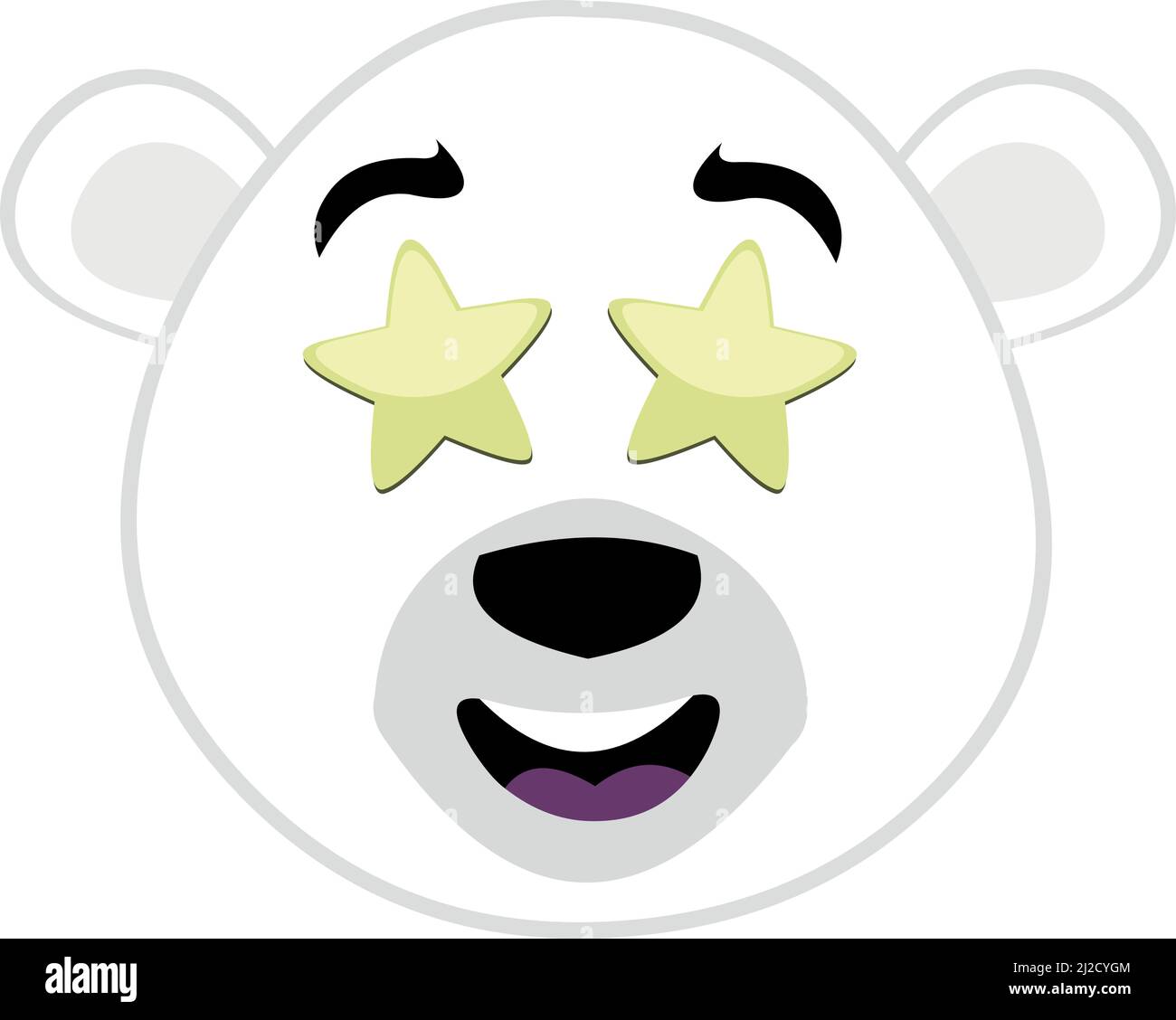 Vector illustration of the face of a cartoon polar bear with an expression of wonder with eyes in the form of stars Stock Vector