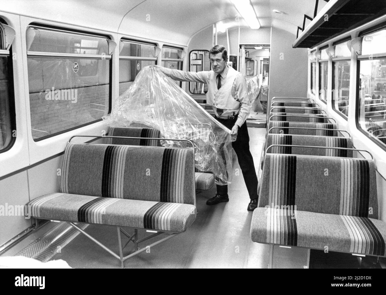 Heaton Traction Depot production manager Len Purdy pictured in the interior of the new British Rail Pacer train on 12th September 1985 Stock Photo