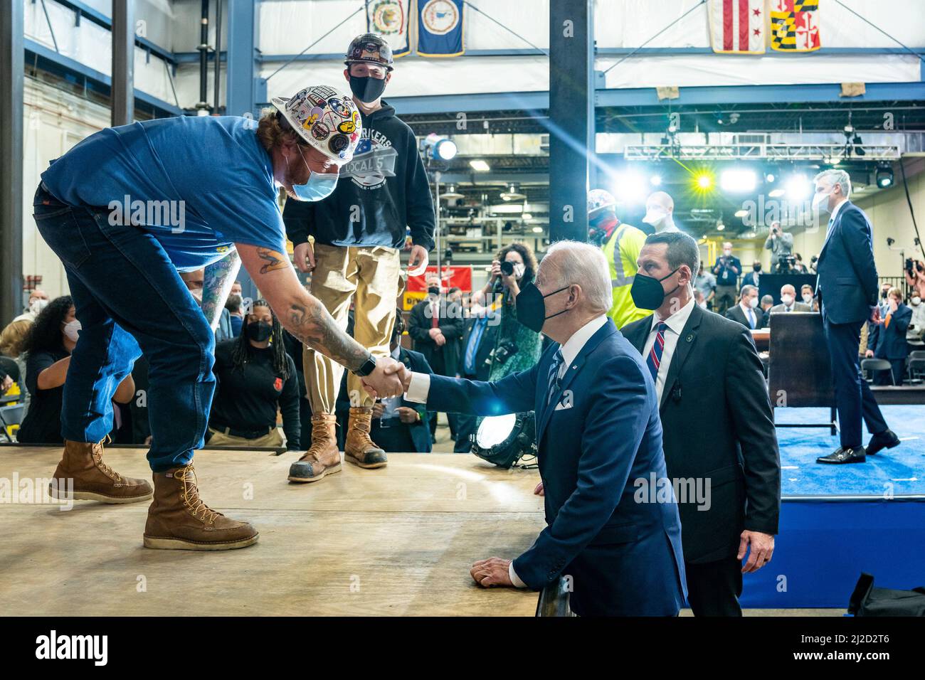President Joe Biden greets attendees of a Project Labor Agreements Executive Order event, Friday, February 4, 2022, at Ironworkers Local 5 in Upper Marlboro, Maryland. Stock Photo