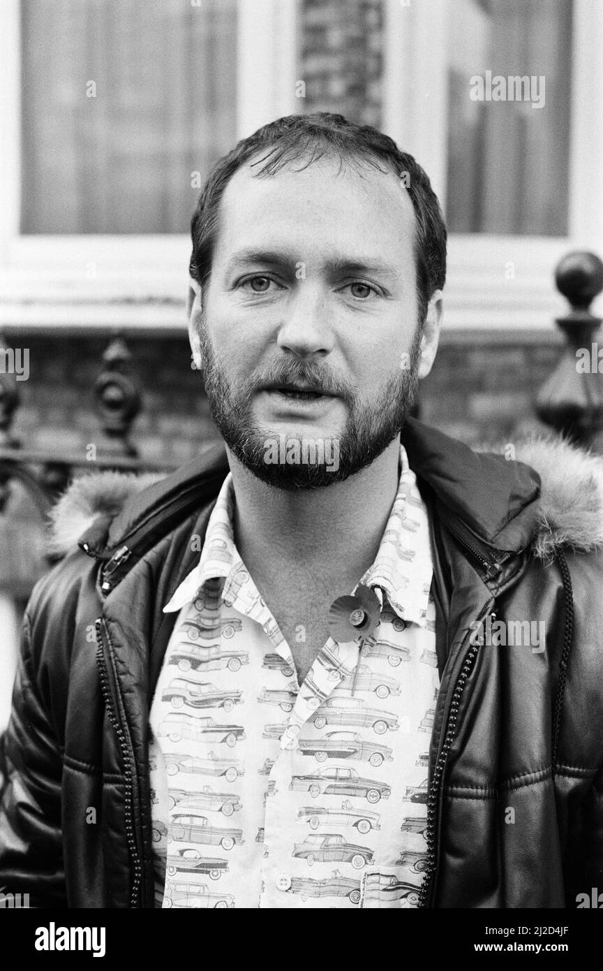 DJ Kenny Everett, pictured outside his Lexham Gardens flat in Kensington, London, 1st November 1985. Stock Photo