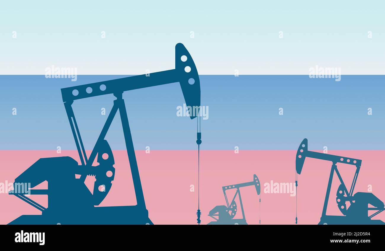 silhouette of the oil pump against flag of Russia. Extraction grade crude oil and gas. concept of oil fields and oil companies, hydrocarbon market, in Stock Photo