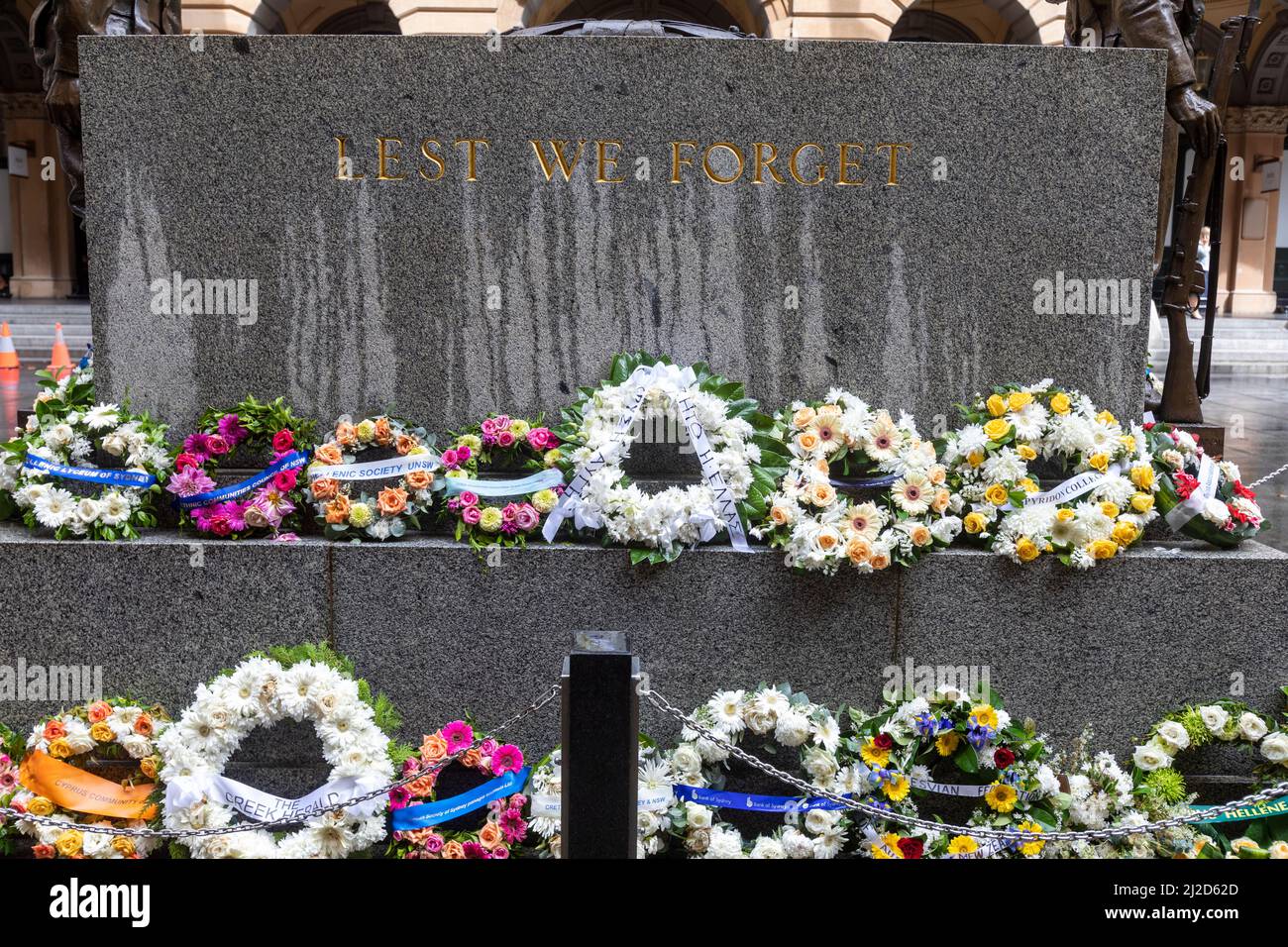 The Sydney Cenotaph in Martin Place Sydney city centre with wreaths placed at the monument,Lest we Forget,Sydney,NSW,Australia Stock Photo