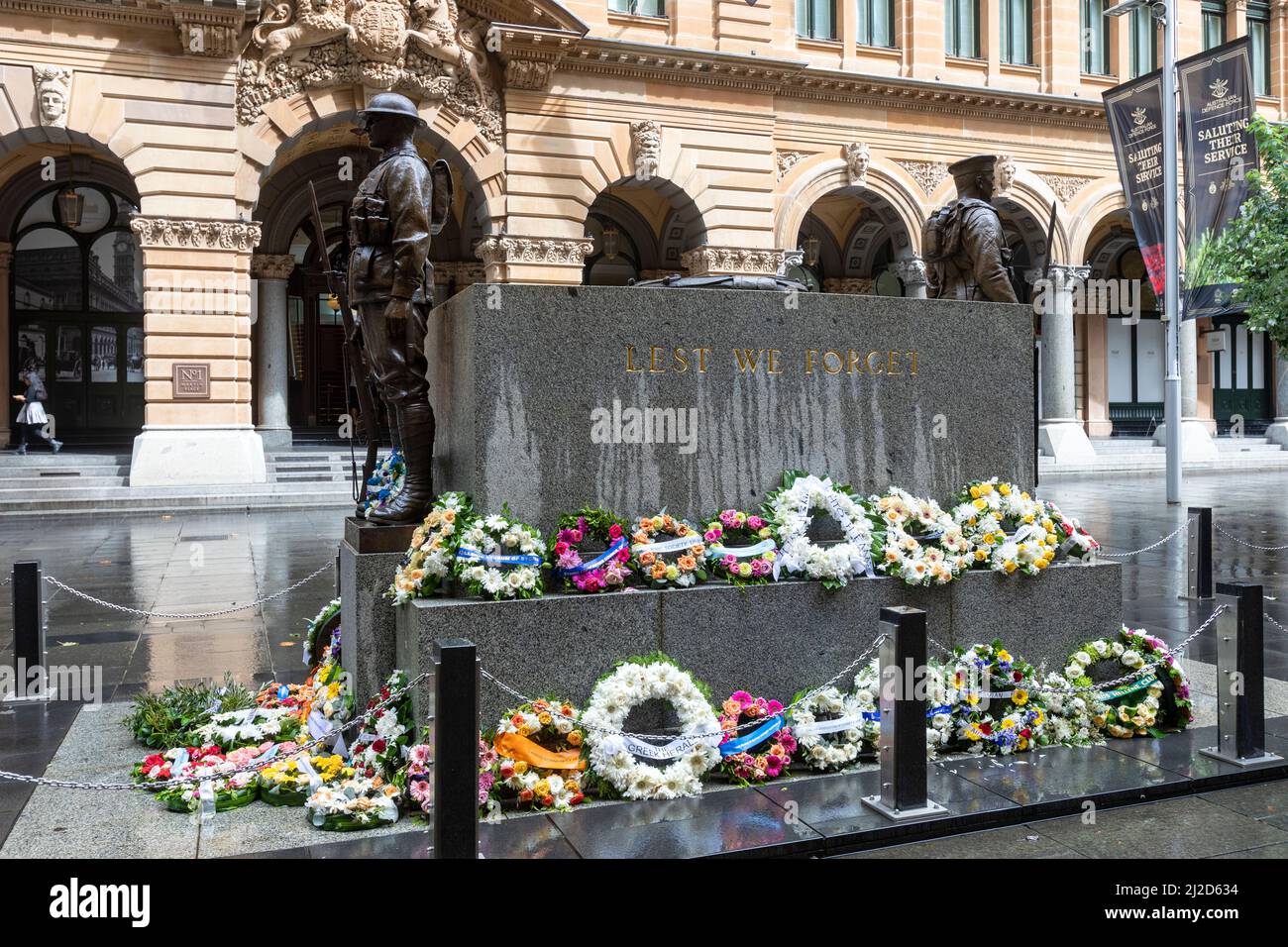The Sydney Cenotaph in Martin Place Sydney city centre with wreaths placed at the monument,Lest we Forget,Sydney,NSW,Australia Stock Photo