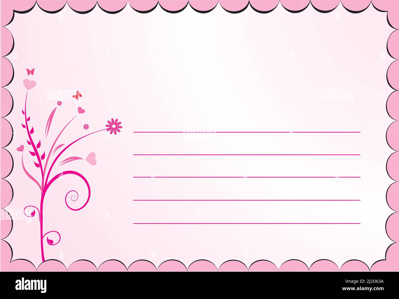 card with pink scalloped edge and floral design on the left and line to write on Stock Vector