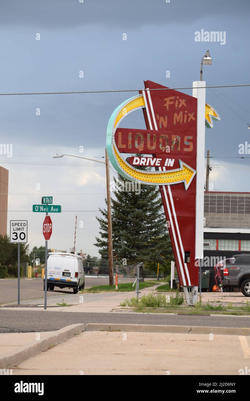 Fix 'n Mix Liquors store DriveIn sign, west side of downtown Cheyenne