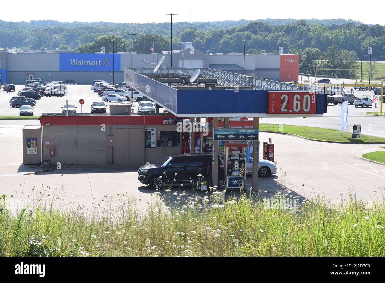 Wide view of a Walmart Murphy gas station and a Walmart store in the distance in Rockport, Arkansas Stock Photo