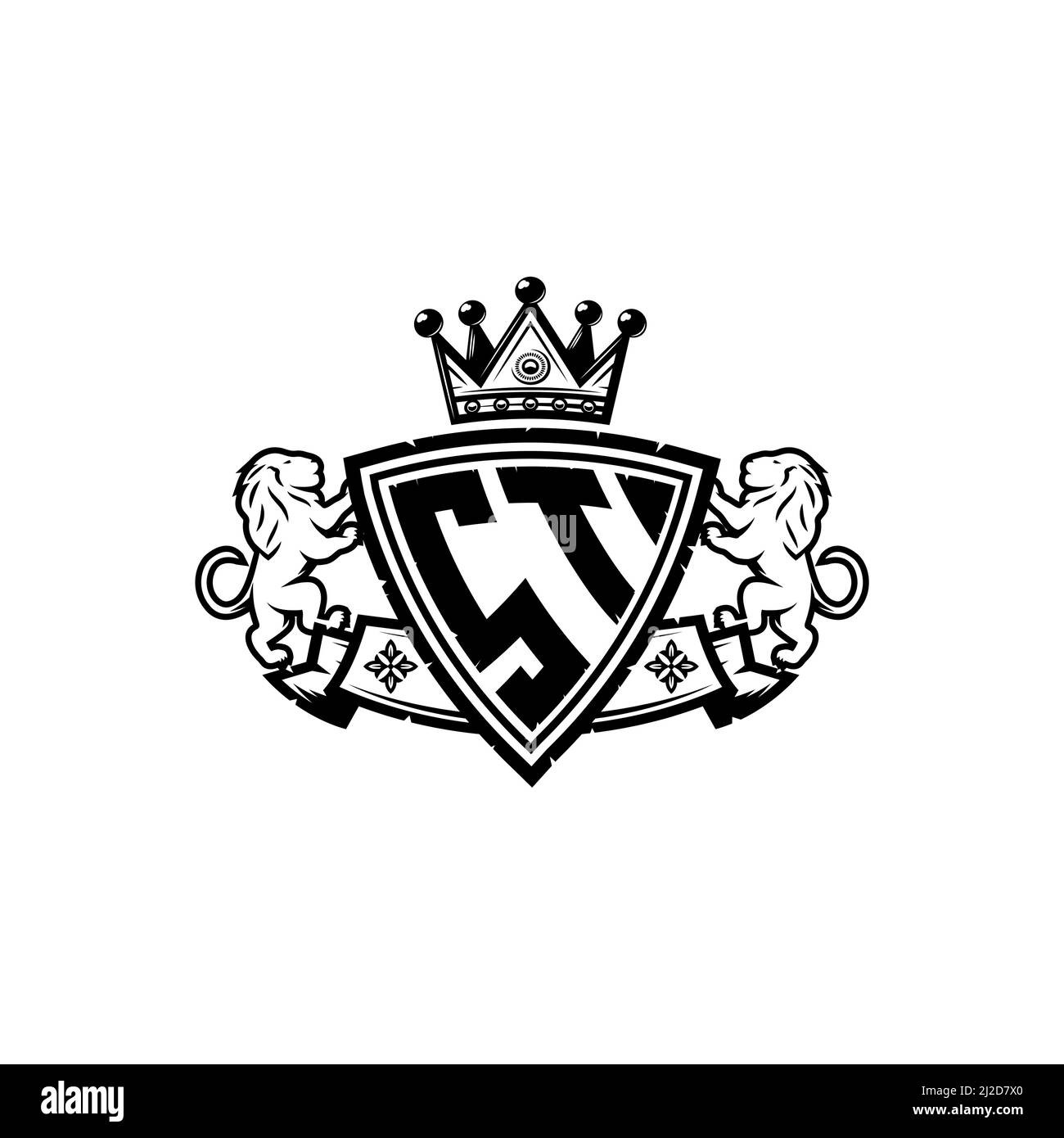 ST Monogram logo letter with Simple shield crown style design. Luxurious monogram, lion luxury logo, Stock Vector
