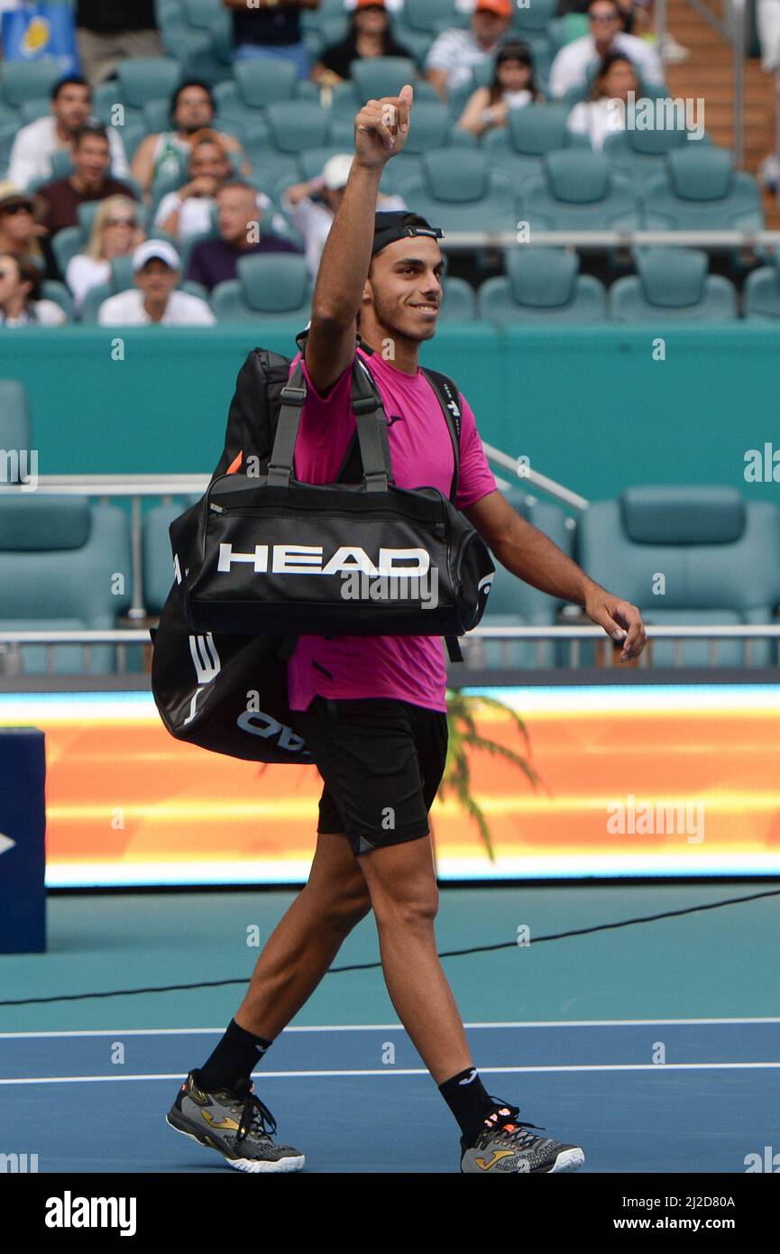 Francisco Cerundolo (ARG) moves to semi-finals after Jannik Sinner (ITA) retires at the Miami Open being played at Hard Rock Stadium in Miami Gardens, Florida on March 30, 2022 ©Karla Kinne/Tennisclix/CSM(Credit Image ©