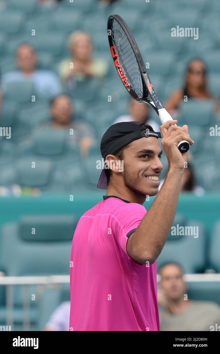 Francisco Cerundolo (ARG) moves to semi-finals after Jannik Sinner (ITA) retires at the Miami Open being played at Hard Rock Stadium in Miami Gardens, Florida on March 30, 2022 ©Karla Kinne/Tennisclix/CSM(Credit Image ©