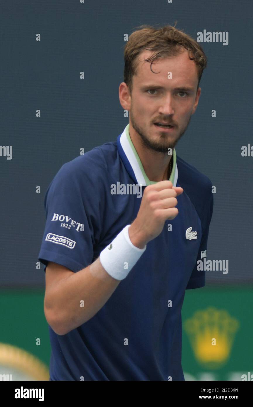 Daniil Medvedev (RUS) is defeated by Hubert Hurkacz (POL) 6-7 (7-9), 3-6, at the Miami Open being played at Hard Rock Stadium in Miami Gardens, Florida on March 31, 2022: © Karla Kinne/Tennisclix/CSM Stock Photo