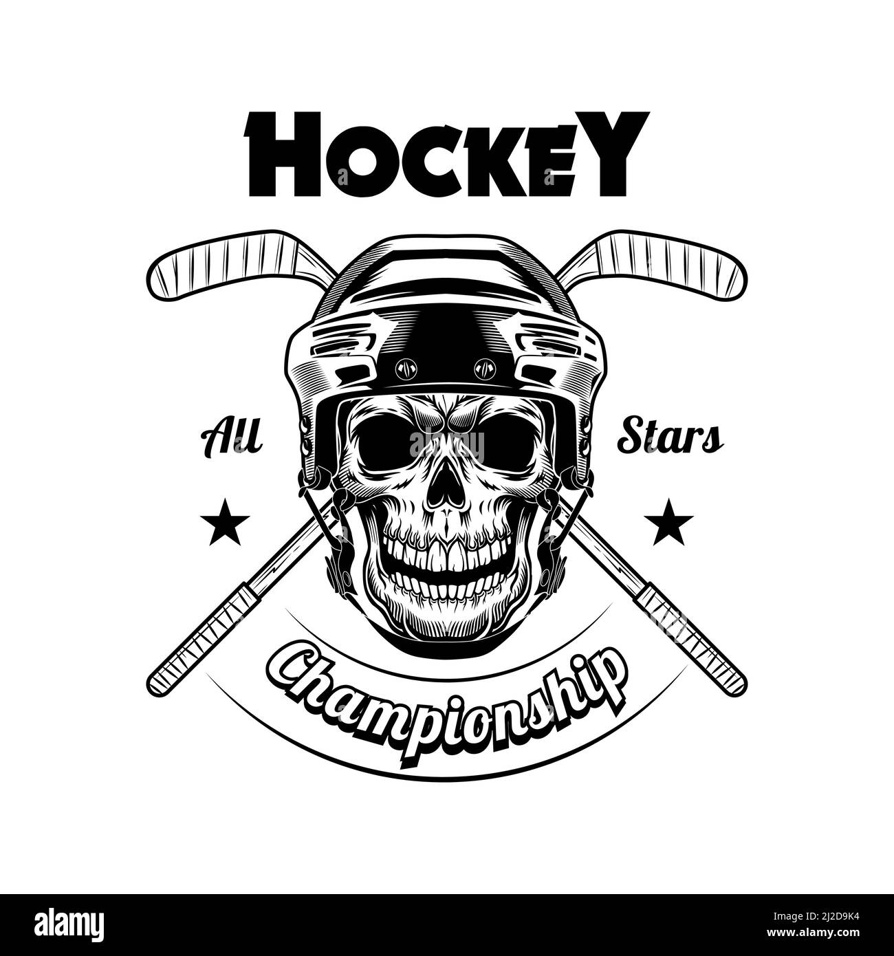 Hockey player skull vector illustration. Head pf skeleton in helmet, crossed sticks, championship text. Sport or fan community concept for emblems and Stock Vector