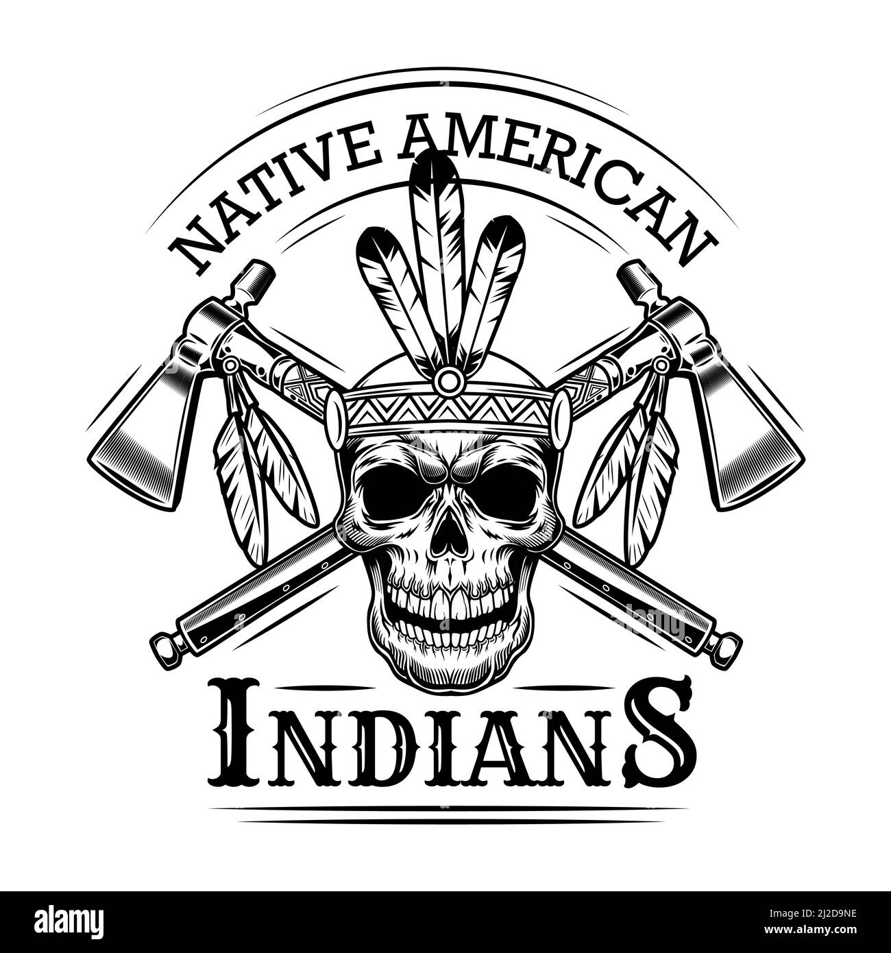 Native American skull vector illustration. Head of skeleton with feather hairband, crossed axes and text. Native Americans and Red Indian concept for Stock Vector