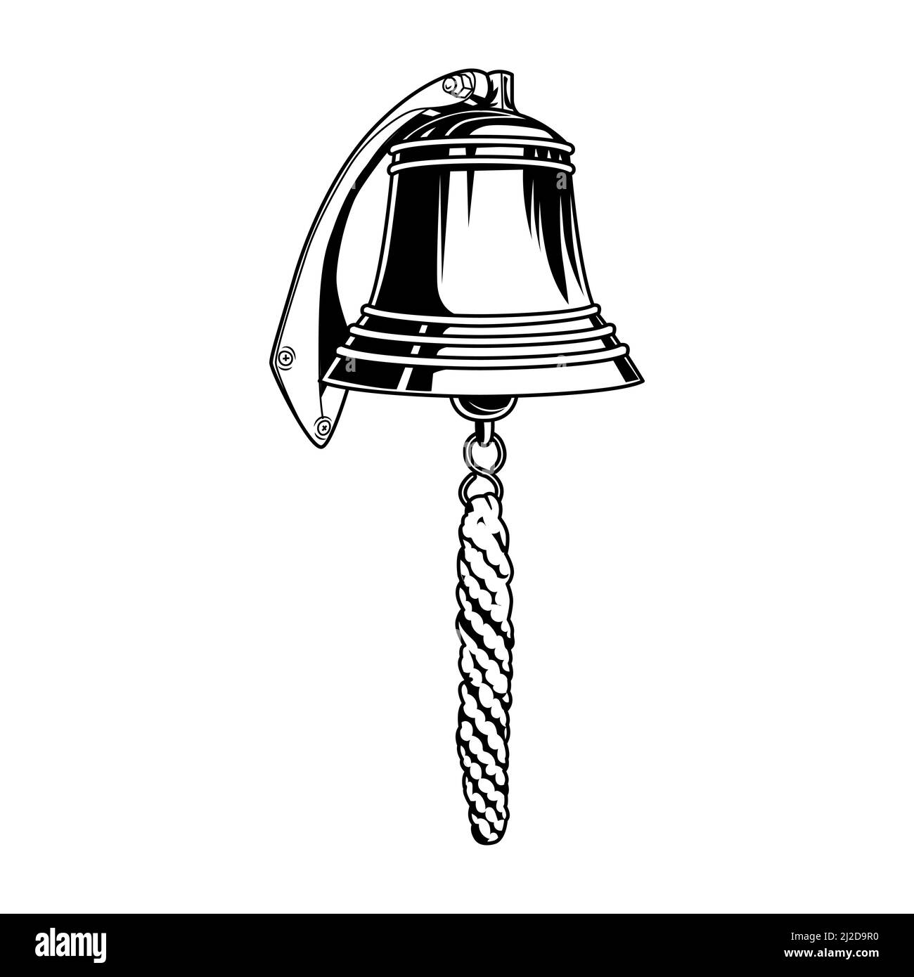 Nautical bell vector illustration. Vintage monochrome brass bell with rope. Sailing or maritime navigation concept for labels or emblems templates Stock Vector