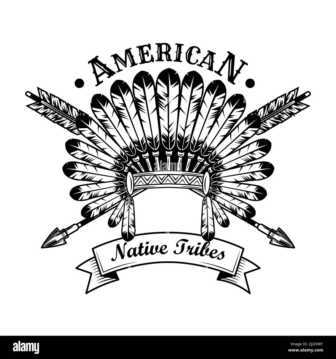 Native American tribe accessories vector illustration. Feather headdress, crossed arrows, text. Native Americans and Red Indian concept for emblems or Stock Vector