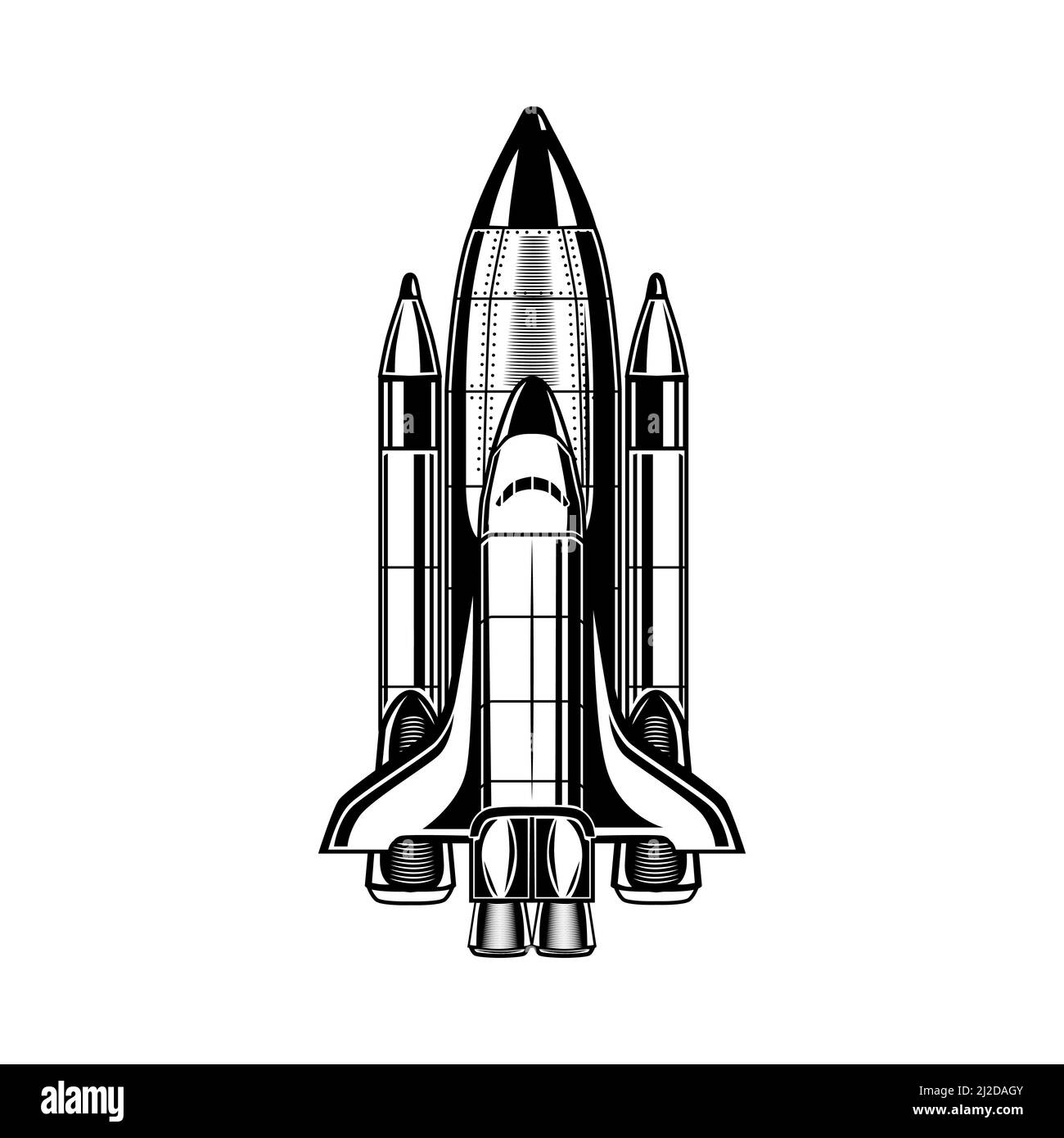 Monochrome flying rocket vector illustration. Vintage spacecraft for promotional label. Galaxy and cosmos exploration concept can be used for retro te Stock Vector