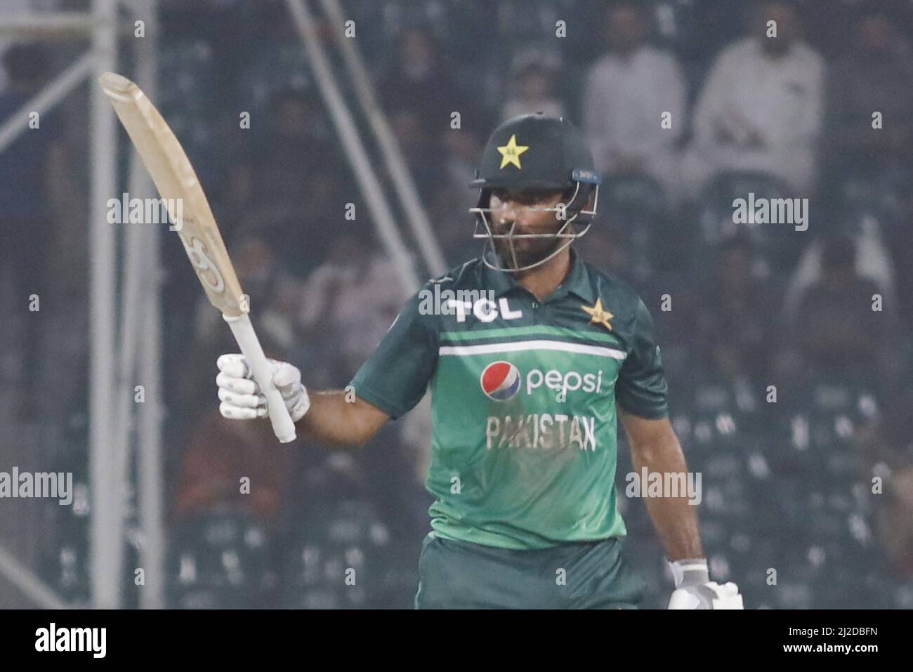 Lahore, Pakistan. 31st Mar, 2022. Pakistani player Fakhar Zaman completed his 50 up runs during second One-day International (ODI) cricket match between Pakistan and Australia at the Gaddafi Cricket Stadium in Provincial Capital. (Photo by Rana Sajid Hussain/Pacific Press) Credit: Pacific Press Media Production Corp./Alamy Live News Stock Photo