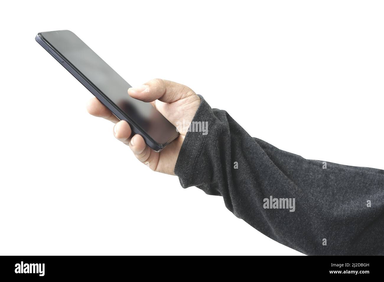 Man hand holding black smartphone isolated on white background ...