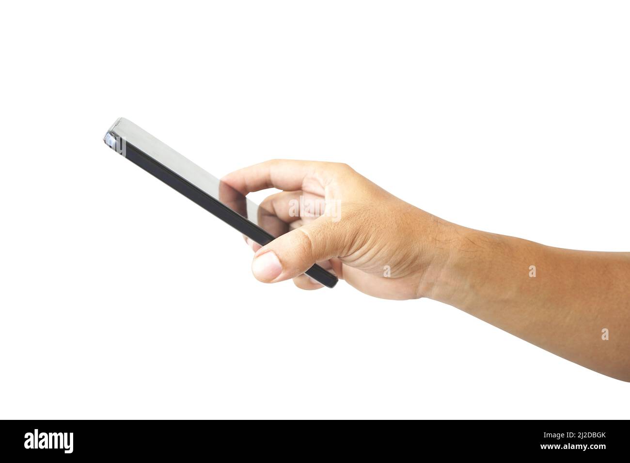 Holding the phone by upside down hand to scan. smartphone isolated on