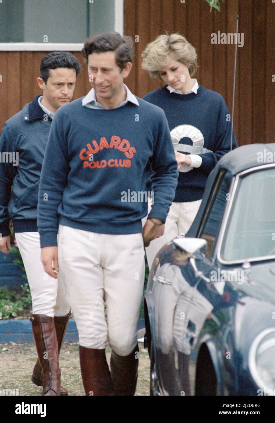 Prince Charles and Princess Diana, the Prince and Princess  of Wales,   at Smith's Lawn, Windsor accompanied by Charles 'Les Diables Bleus' teammate Guy Wildenstein before taking part in their match at Guards Polo Club.25th May 1986. Stock Photo