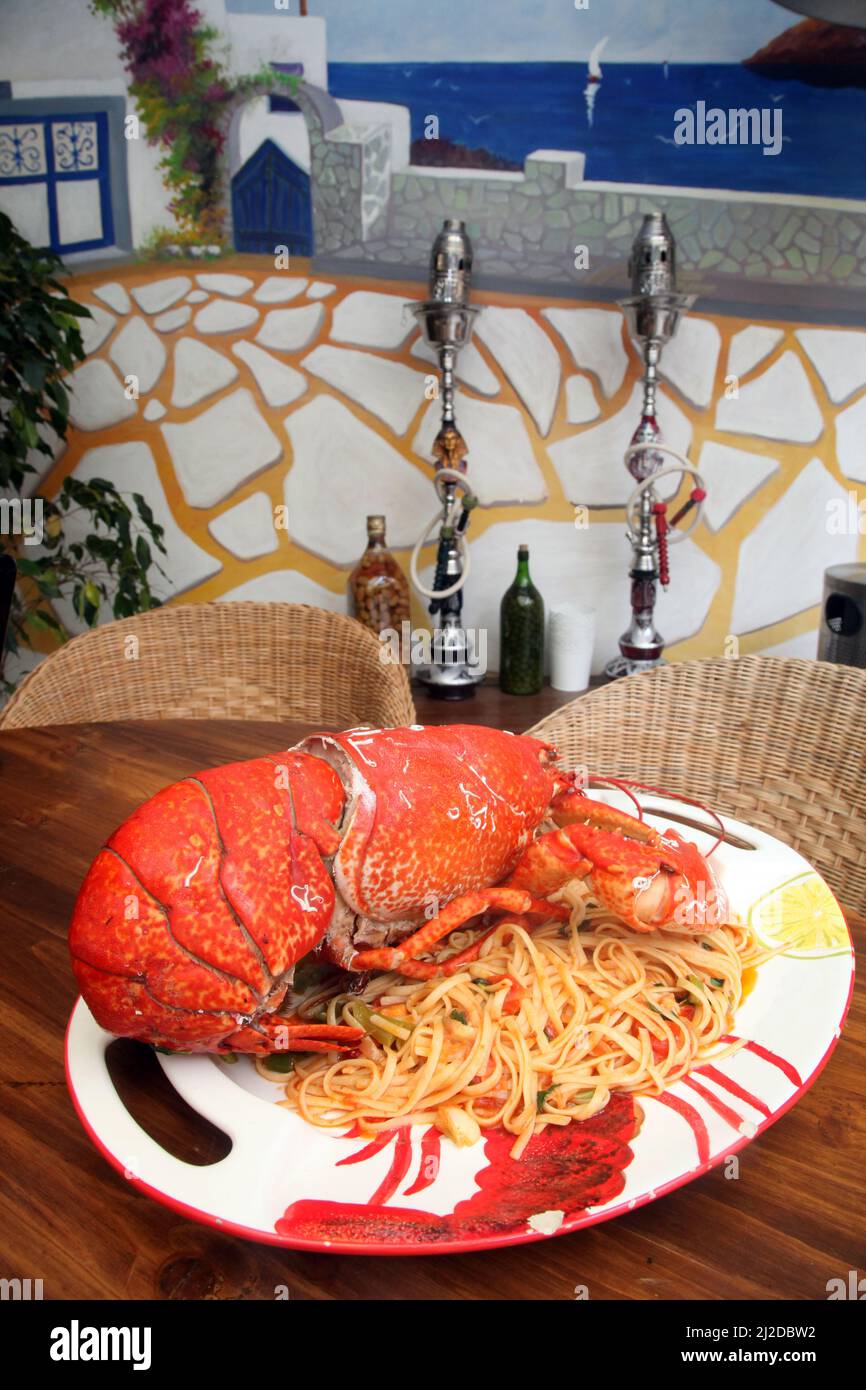 Big lobster with pasta on the restaurant table. Stock Photo