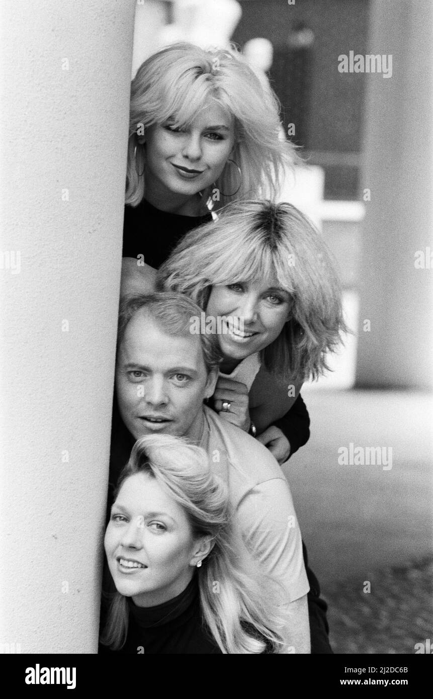 Scottish singer Jim Diamond pictured with his backing group, Vicki and Sam Brown, wife and daughter of Joe Brown and Sonia Jones. Pictured, top to bottom, Sam Brown, Vicki Brown, Jim Diamond and Sonia Jones. 16th May 1985. Stock Photo