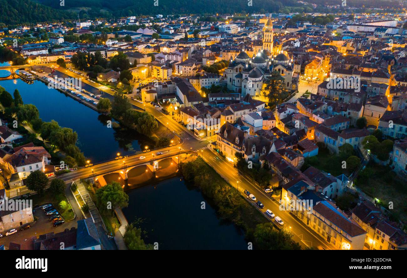Aerial view of Perigueux city illuminated at night, Perigord Blanc ...