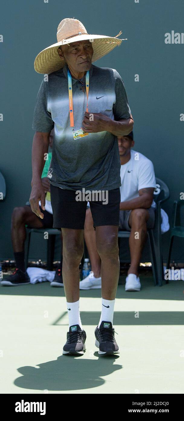 KEY BISCAYNE, FL - MARCH 21: Venus and Serena Williams are big sisters to a new baby brother. Their father Richard Williams has become a dad again at the age of 70 with his 30 something wife Lakeisha Williams, the babies name is Dylan Starr Richard Williams. Seen here watching Serena Williams of the USA defeat Flavia Pennetta of Italy during the Sony Open at Crandon Park Tennis Center on March 21, 2013 in Key Biscayne, Florida. People: Richard Williams Lakeisha Williams Dylan Starr Richard Williams Credit: Storms Media Group/Alamy Live News Stock Photo