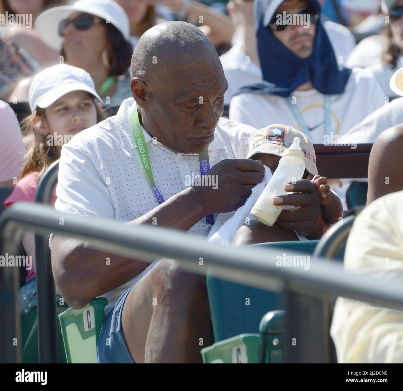 KEY BISCAYNE, FL - MARCH 21: Venus and Serena Williams are big sisters to a new baby brother. Their father Richard Williams has become a dad again at the age of 70 with his 30 something wife Lakeisha Williams, the babies name is Dylan Starr Richard Williams. Seen here watching Serena Williams of the USA defeat Flavia Pennetta of Italy during the Sony Open at Crandon Park Tennis Center on March 21, 2013 in Key Biscayne, Florida. People: Richard Williams Lakeisha Williams Dylan Starr Richard Williams Credit: Storms Media Group/Alamy Live News Stock Photo