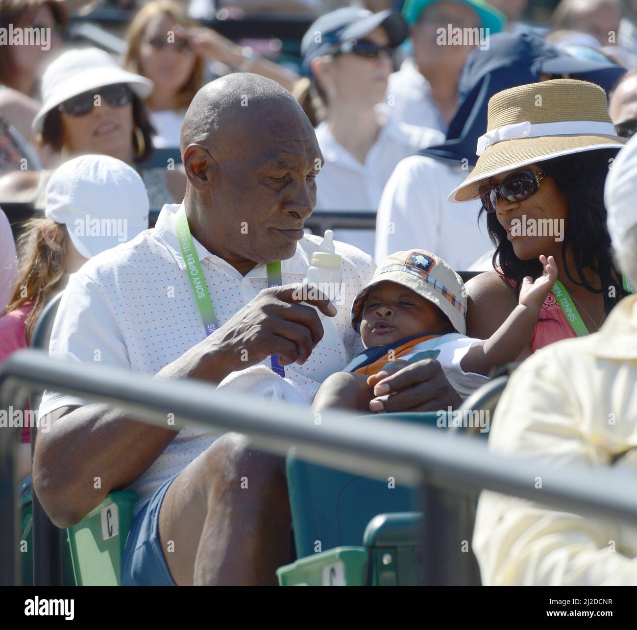 KEY BISCAYNE, FL - MARCH 21: Venus and Serena Williams are big sisters to a new baby brother. Their father Richard Williams has become a dad again at the age of 70 with his 30 something wife Lakeisha Williams, the babies name is Dylan Starr Richard Williams. Seen here watching Serena Williams of the USA defeat Flavia Pennetta of Italy during the Sony Open at Crandon Park Tennis Center on March 21, 2013 in Key Biscayne, Florida. People: Richard Williams Lakeisha Williams Dylan Starr Richard Williams Credit: Storms Media Group/Alamy Live News Stock Photo