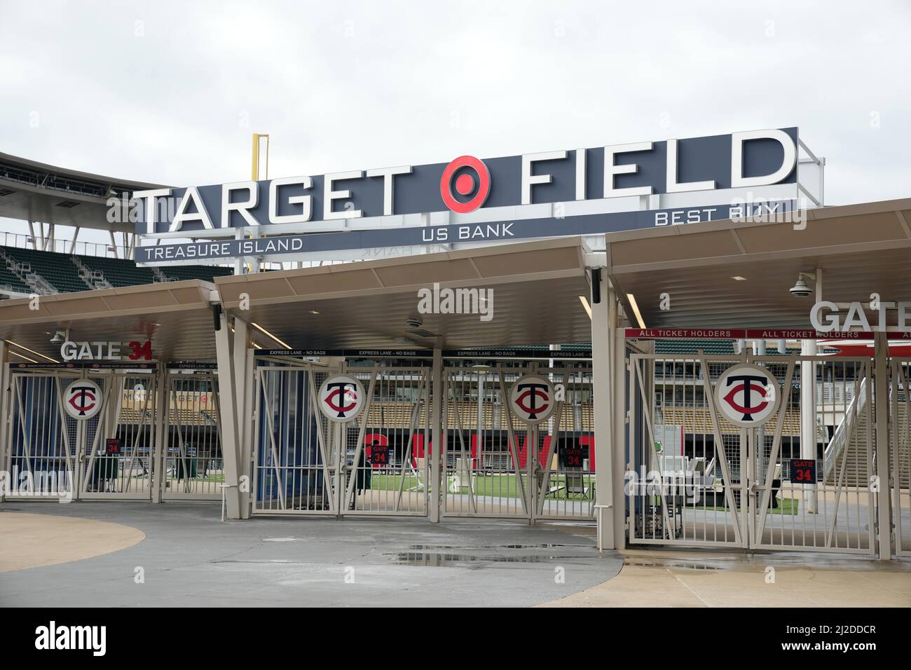 The Target Field entrance Thursday, Mar. 31, 2022, in Minneapolis. The stadium is the home of the Minnesota Twins. Stock Photo
