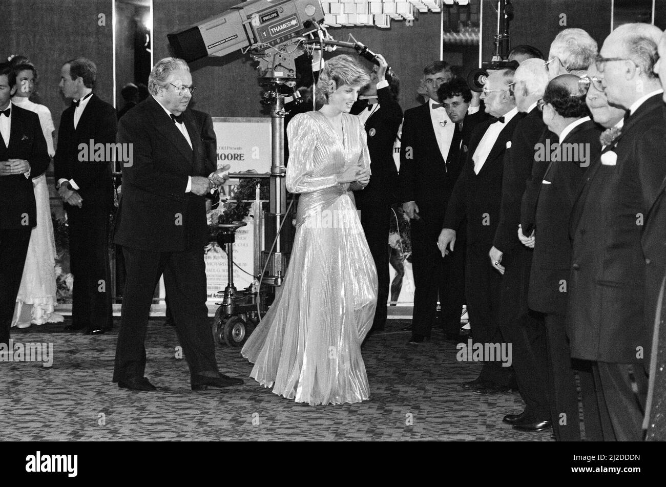 HRH The Princess of Wales, Princess Diana attends The Royal Premiere of the 14th 007 James Bond Movie, 'A View To A Kill'  at the Odeon Cinema, Leicester Square, LondonPrincess Diana wears a stunning silver Bruce Oldfield dress.  Picture taken 14th June 1985 Stock Photo