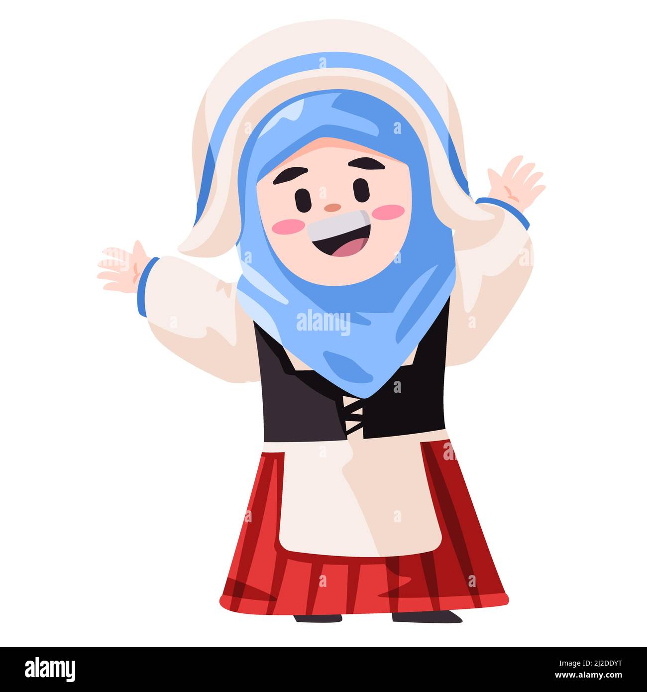 Scandinavian finns girl children wearing Finland traditional costume greetings welcoming festival with smile happy hijab veil islam Stock Vector