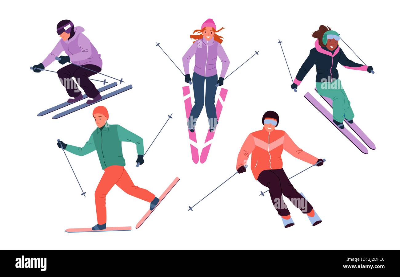 Cartoon active adult characters in goggles hold ski poles, jump and cross mountains isolated on white. Skiers people skiing down snow slopes, winter Stock Vector