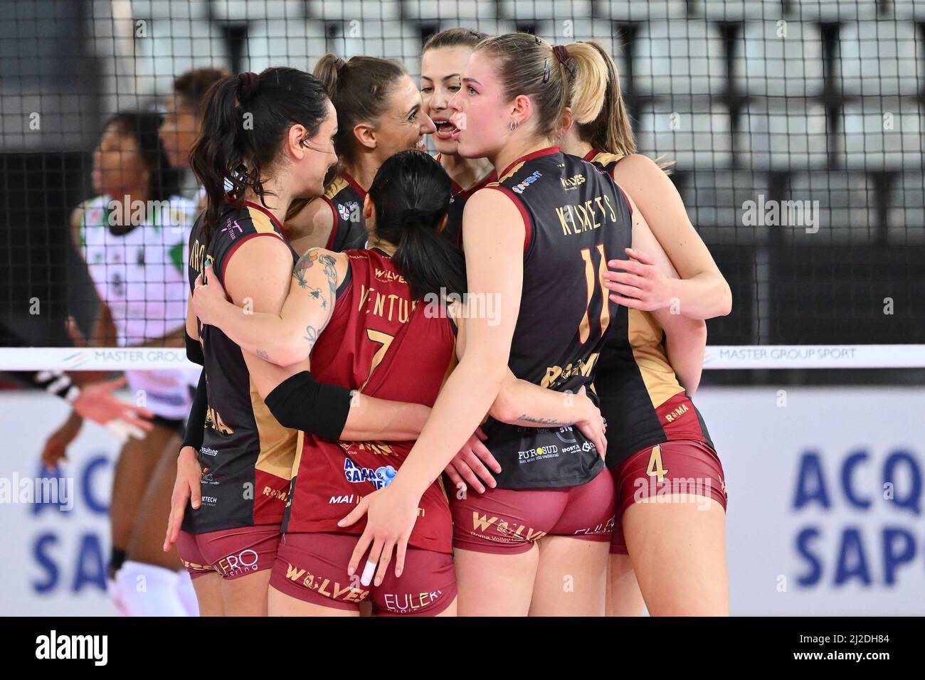 March 30, 2022, Rome, Italy, Italy Roma Team during the Womens Volleyball Championship Series A1 match between Acqua and Sapone Volley Roma and MeqaBox Volley at PalaEur, 30th March, 2022 in Rome,