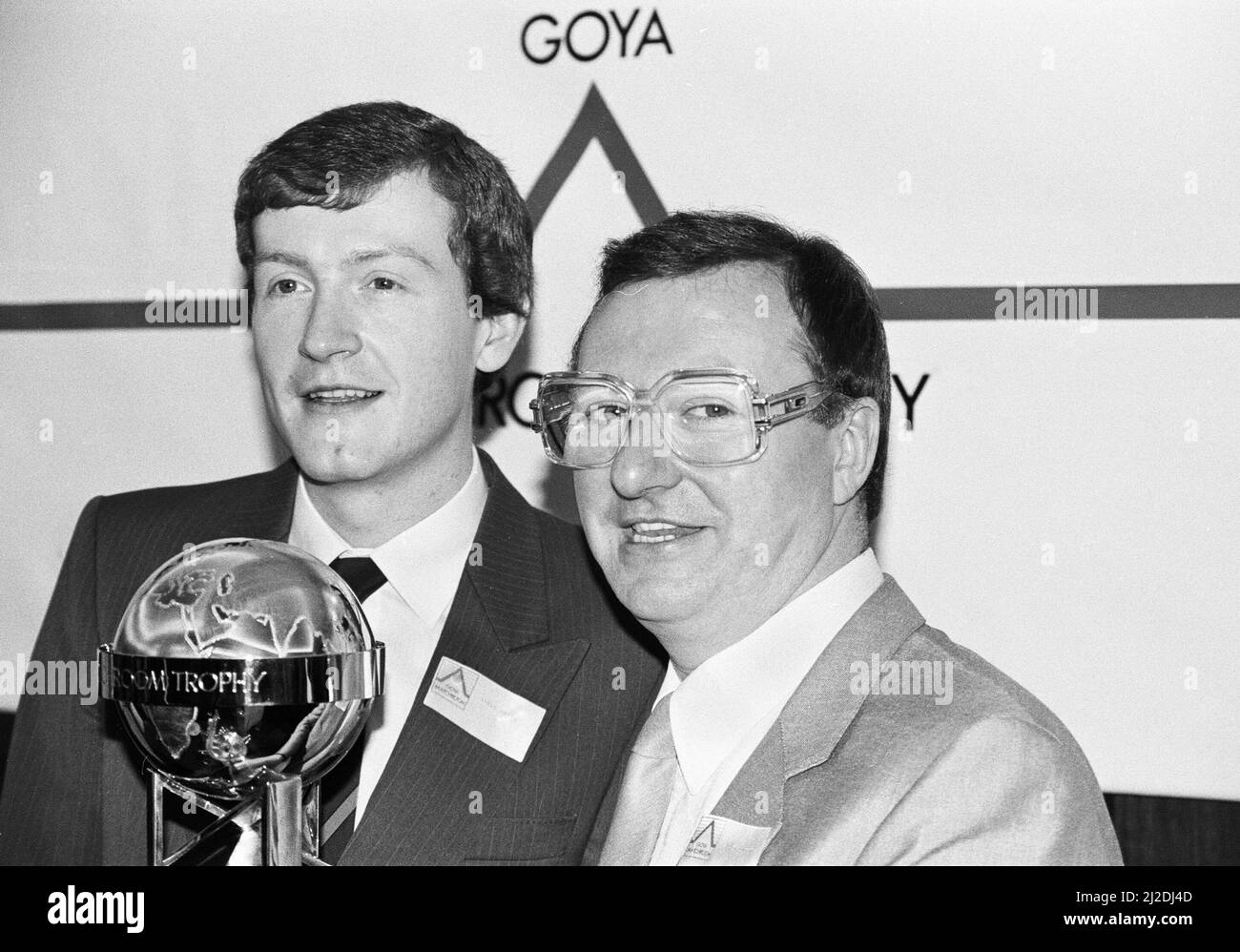 Snooker players Steve Davis and Dennis Taylor who recently contested the classic black ball World Championship Final in Sheffield, attend a press conference to promote the upcoming 1985 Matchroom trophy tournament.  May 1985. Stock Photo